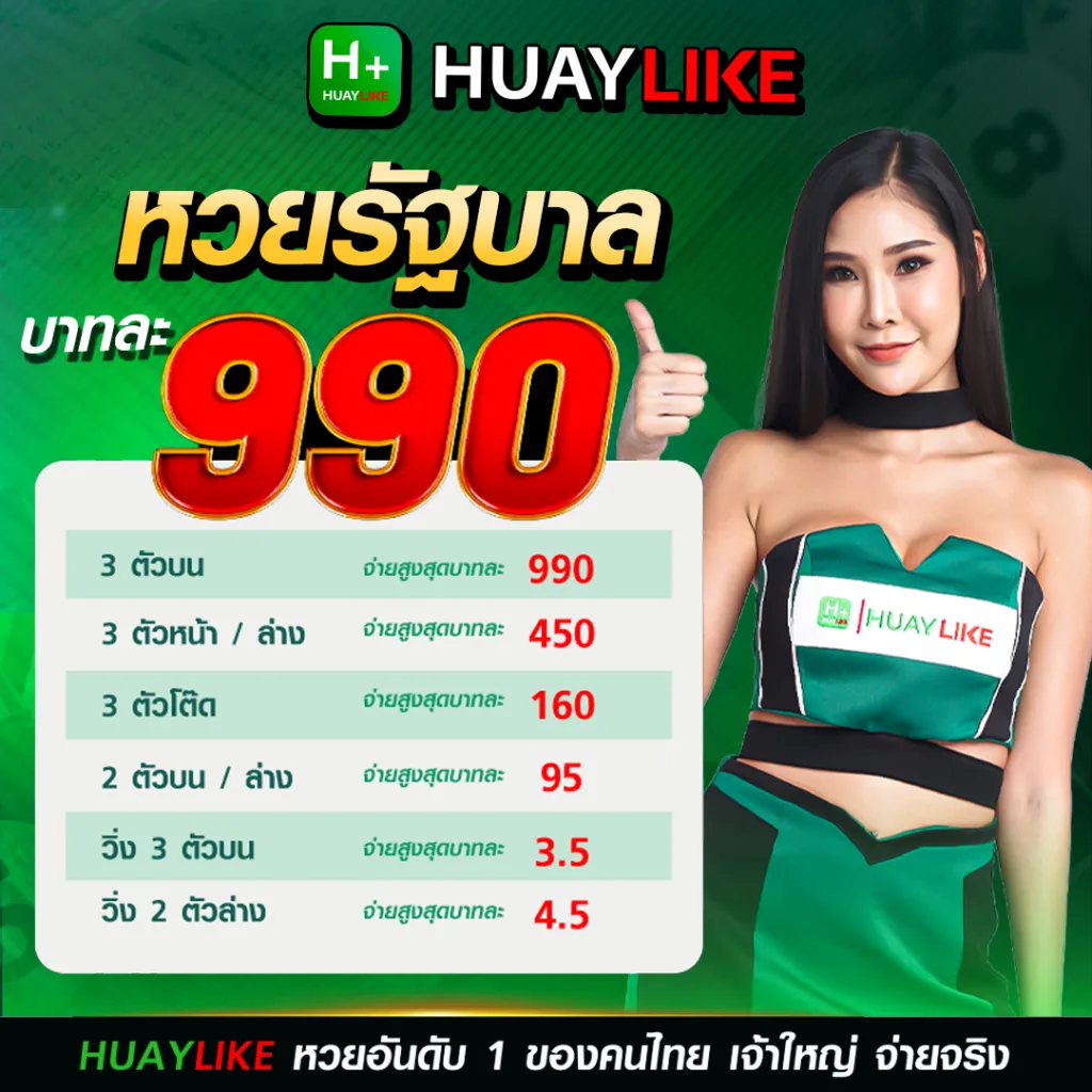 HUAYLIKE แสดงอัตราจ่าย หวยรัฐบาล สูงสุดบาทละ 990 พร้อมตารางอัตราจ่ายแต่ละประเภทและพรีเซน터สาว